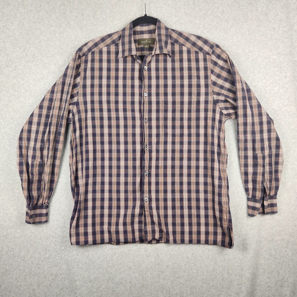 Ermenegildo Zegna Shirt Mens Large Plaid Navy Made in Italy Preppy Office Career